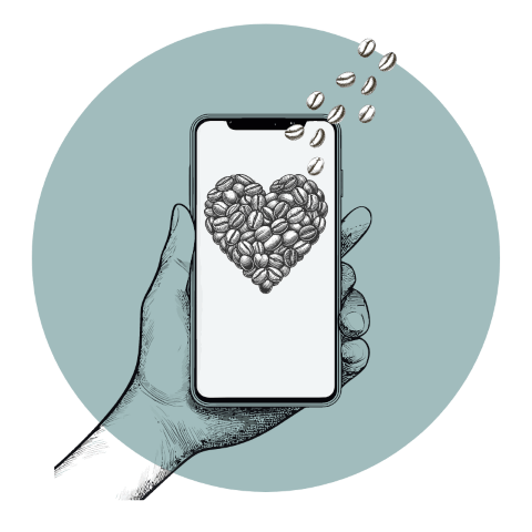Ein Smartphone mit einem Herz aus Kaffeebohnen